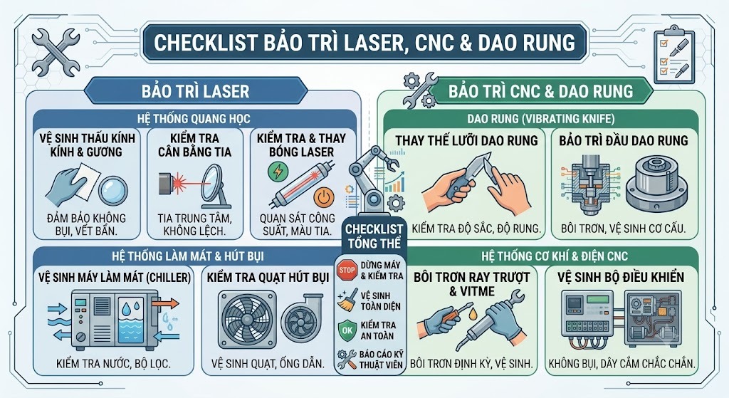 Checklist bảo trì Laser, CNC & dao rung